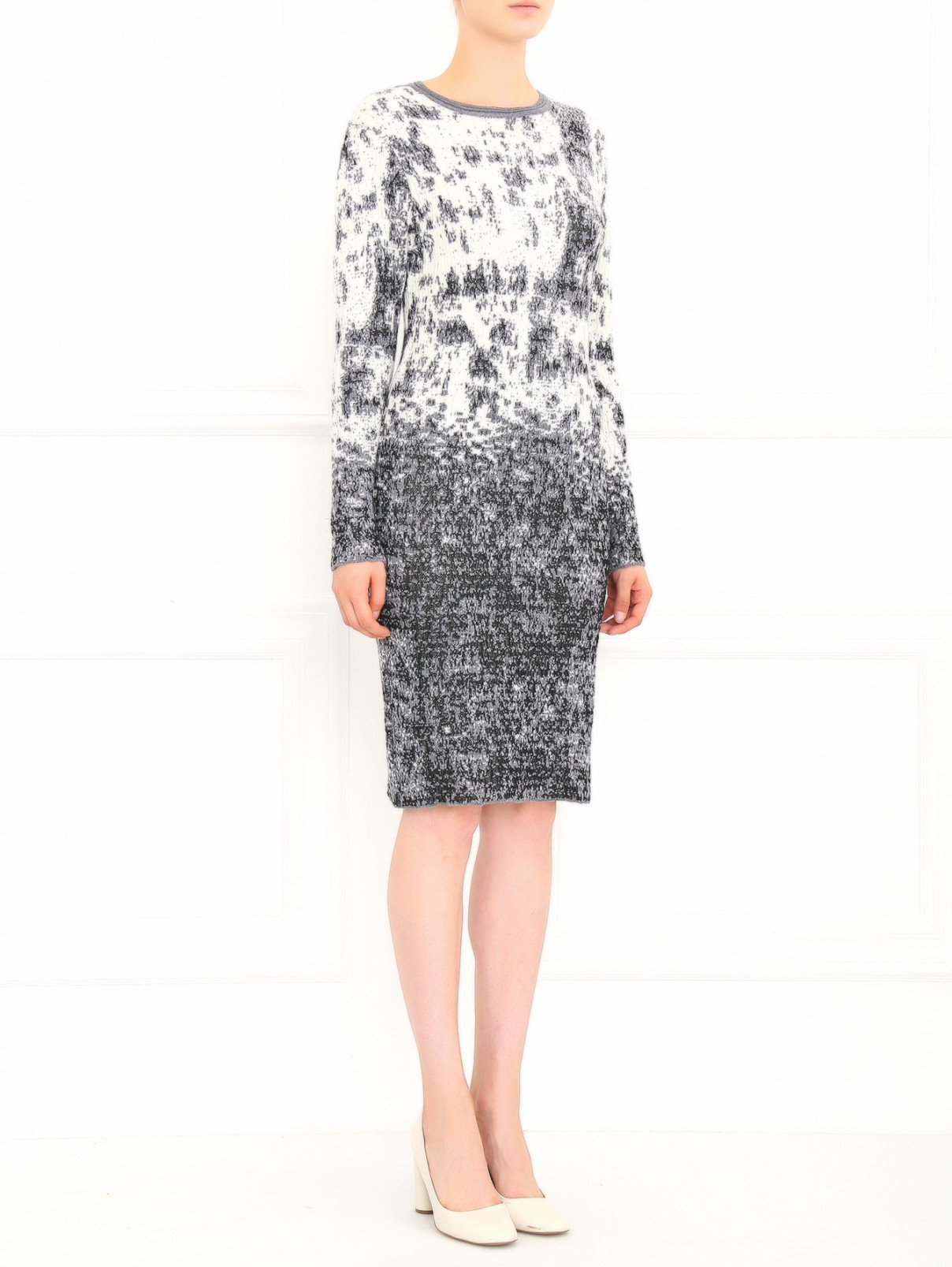 Платье из смешанной шерсти с узором JO NO FUI  –  Модель Общий вид  – Цвет:  Серый