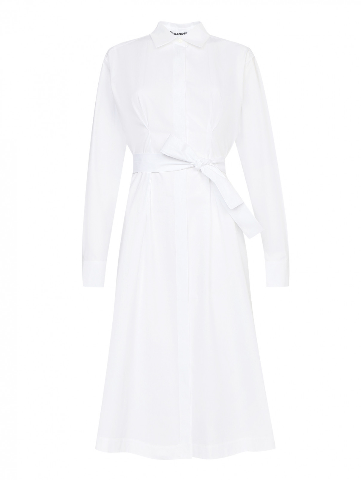 Платье из хлопка с поясом Jil Sander  –  Общий вид  – Цвет:  Белый