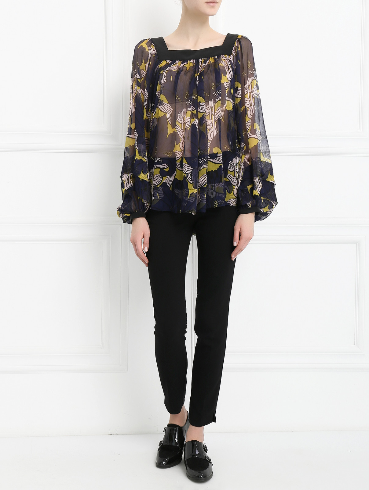 Блуза из шелка свободного кроя с цветочным узором Tara Jarmon  –  Модель Общий вид  – Цвет:  Синий