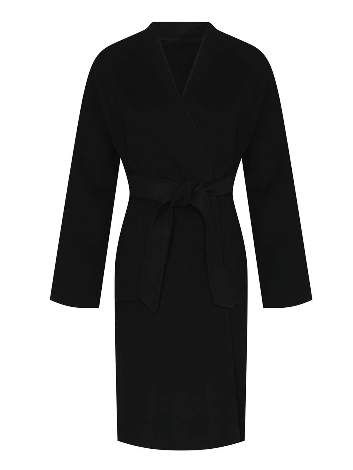 Пальто из шерсти с поясом и карманами Weekend Max Mara  –  Общий вид  – Цвет:  Черный