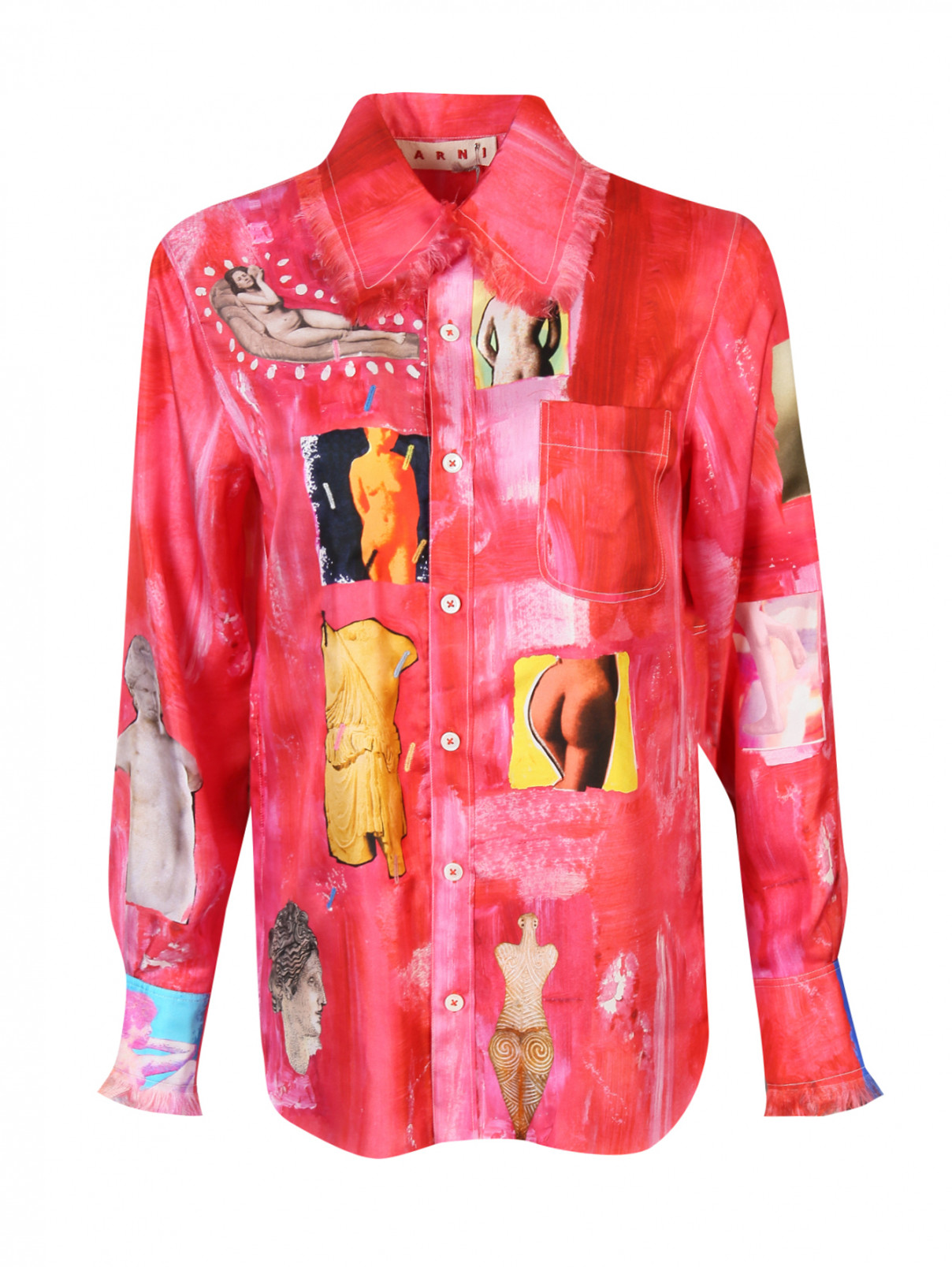 Блуза из шелка с принтом и бахромой Marni  –  Общий вид  – Цвет:  Розовый
