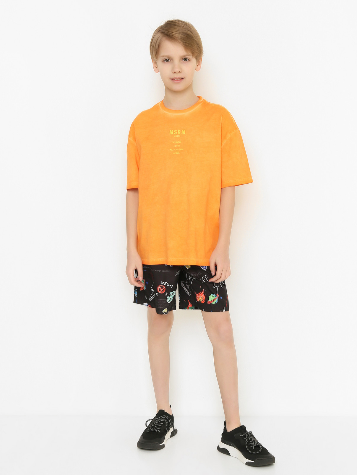 Трикотажная футболка с принтом MSGM  –  МодельОбщийВид  – Цвет:  Оранжевый