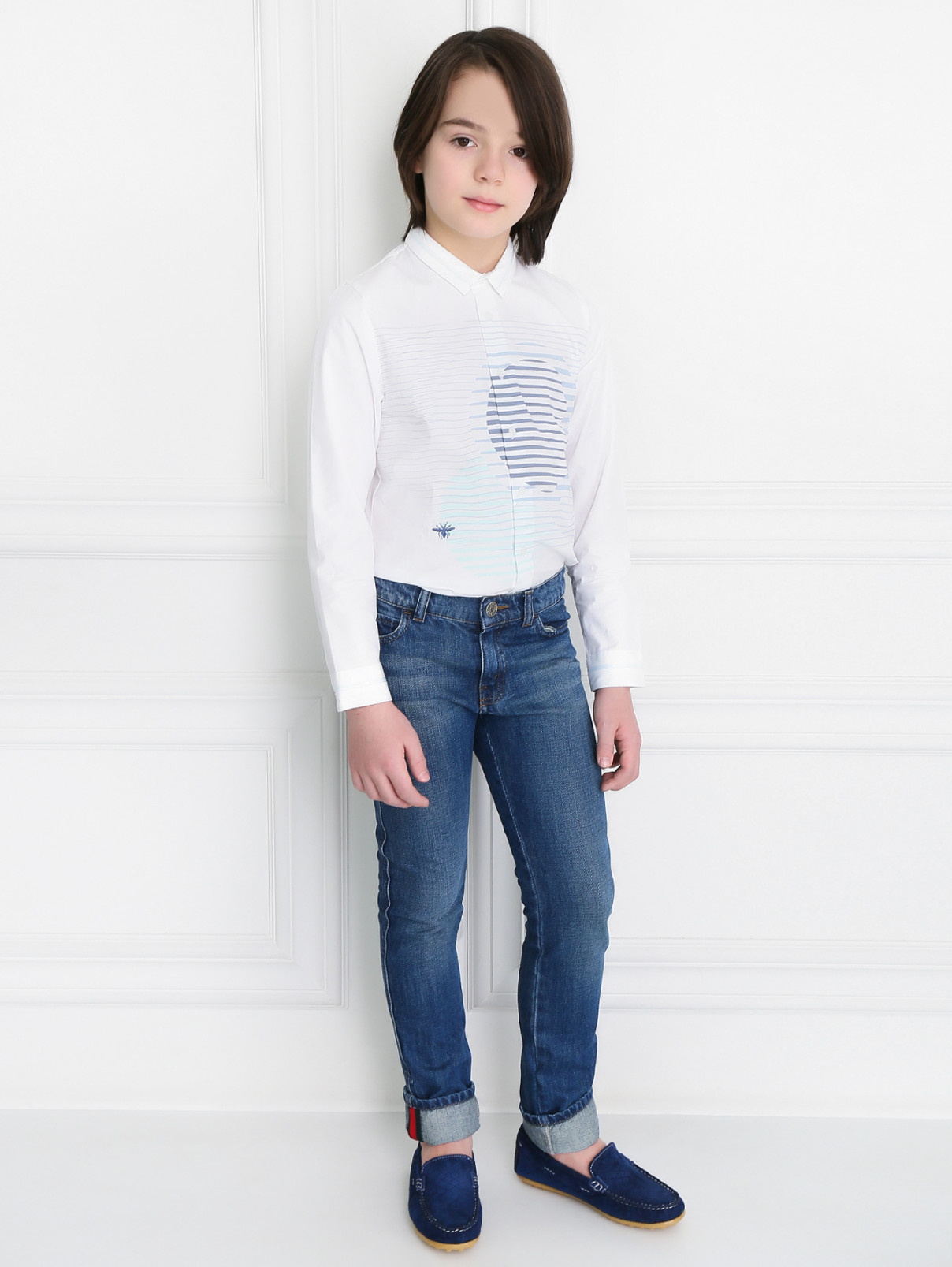 Рубашка из хлопка с вышивкой и принтом Baby Dior  –  Модель Общий вид  – Цвет:  Белый