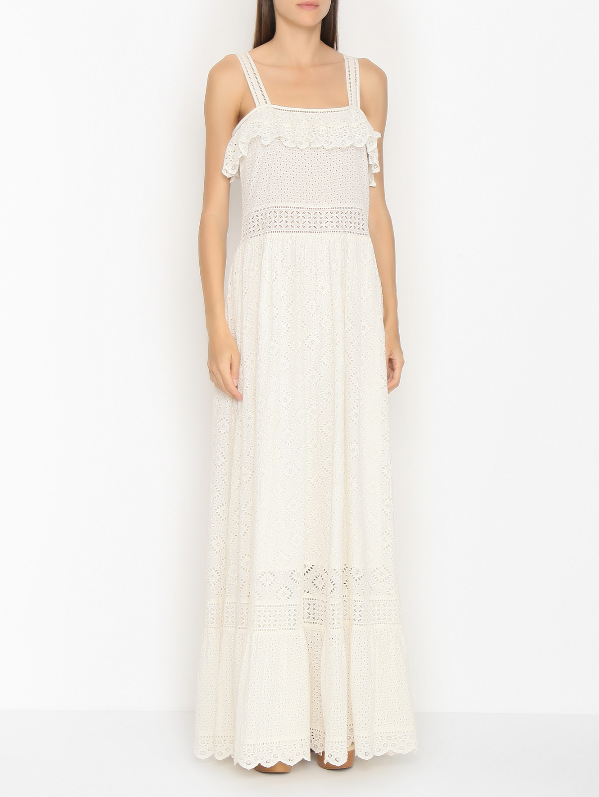 Платье-макси с вышивкой TWINSET  –  МодельВерхНиз  – Цвет:  Белый