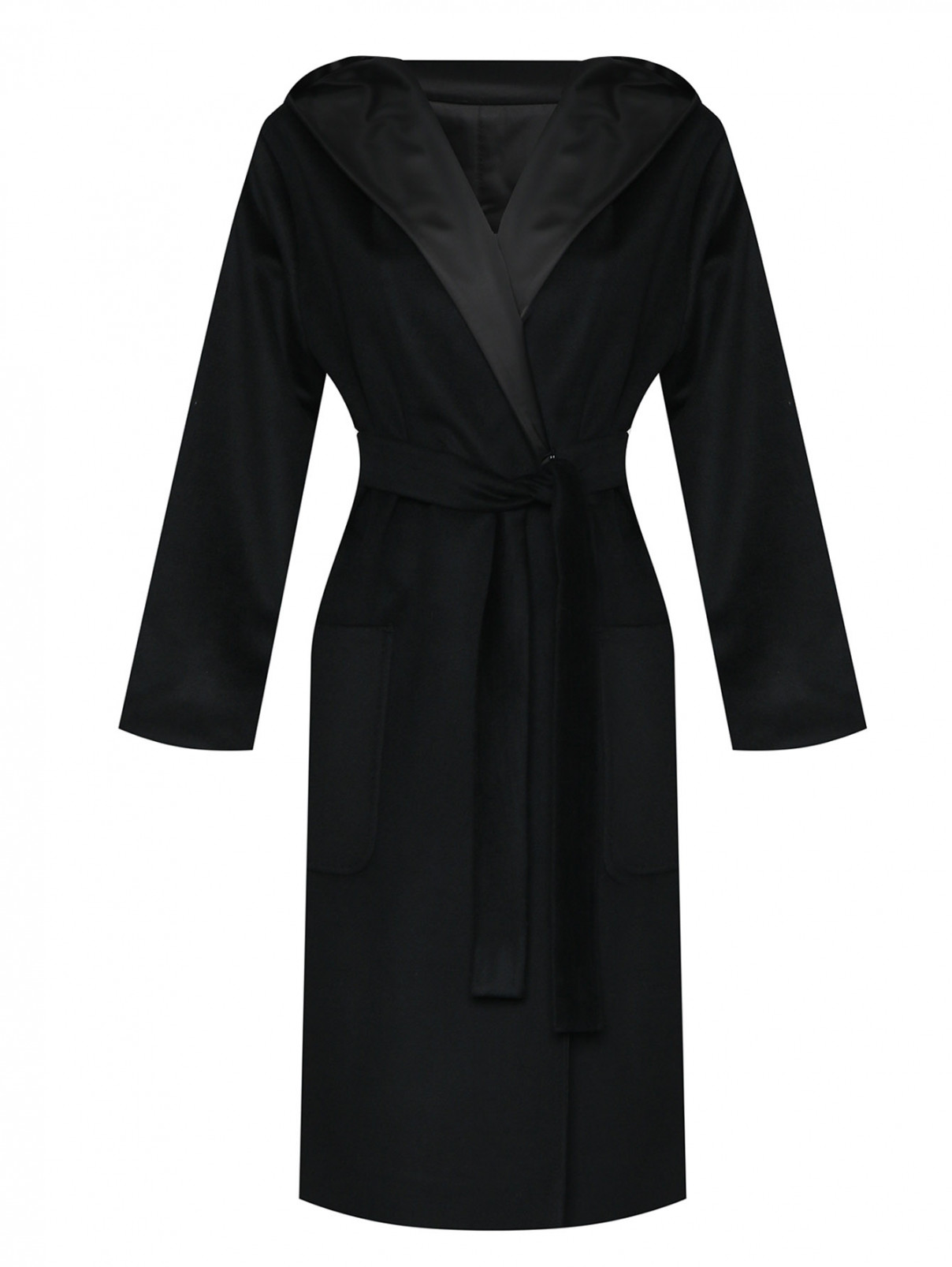 Пальто с капюшоном и поясом Marina Rinaldi  –  Общий вид  – Цвет:  Черный