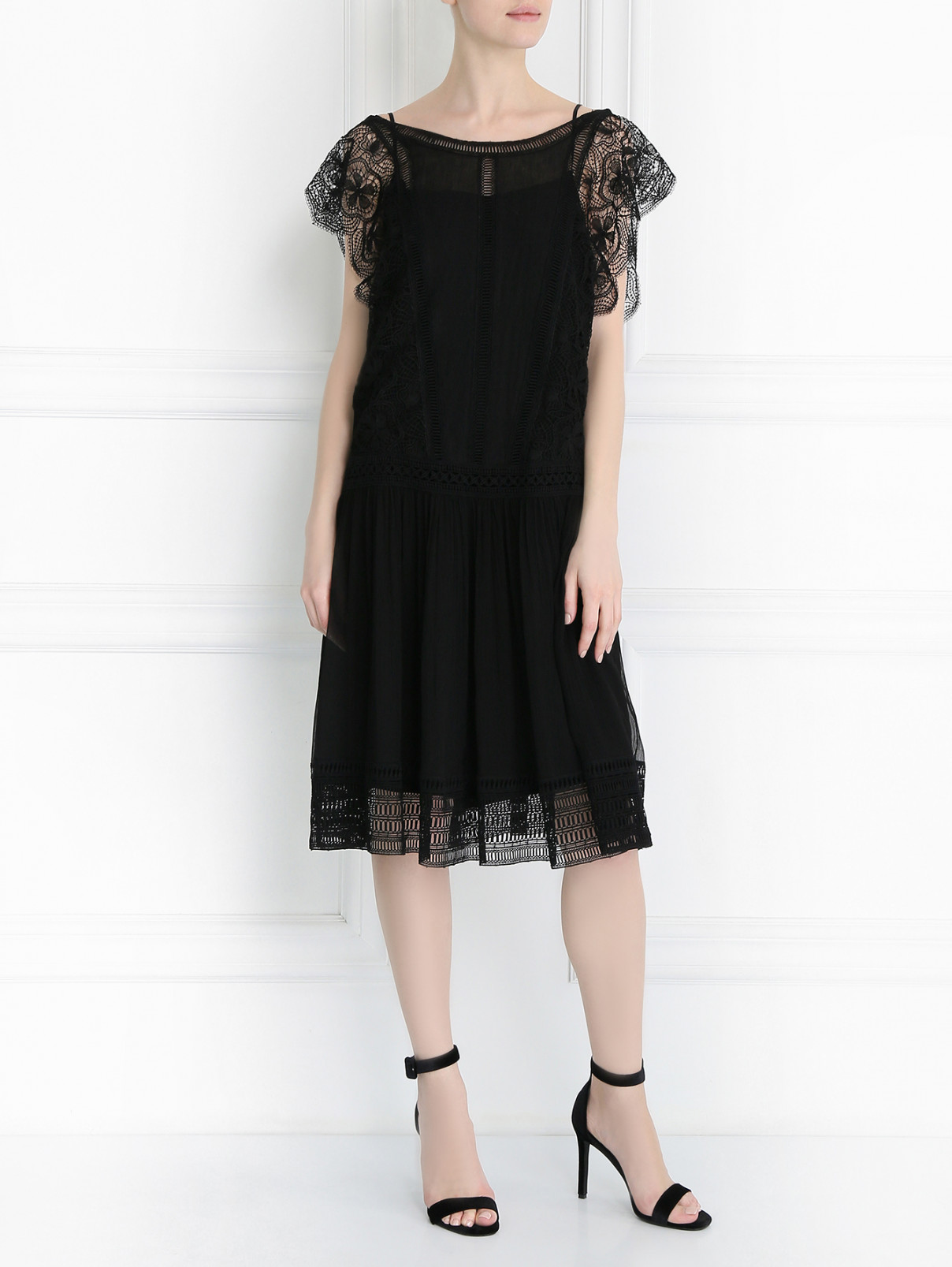 Платье-миди из шелка, декорированное кружевом Alberta Ferretti  –  Модель Общий вид  – Цвет:  Черный