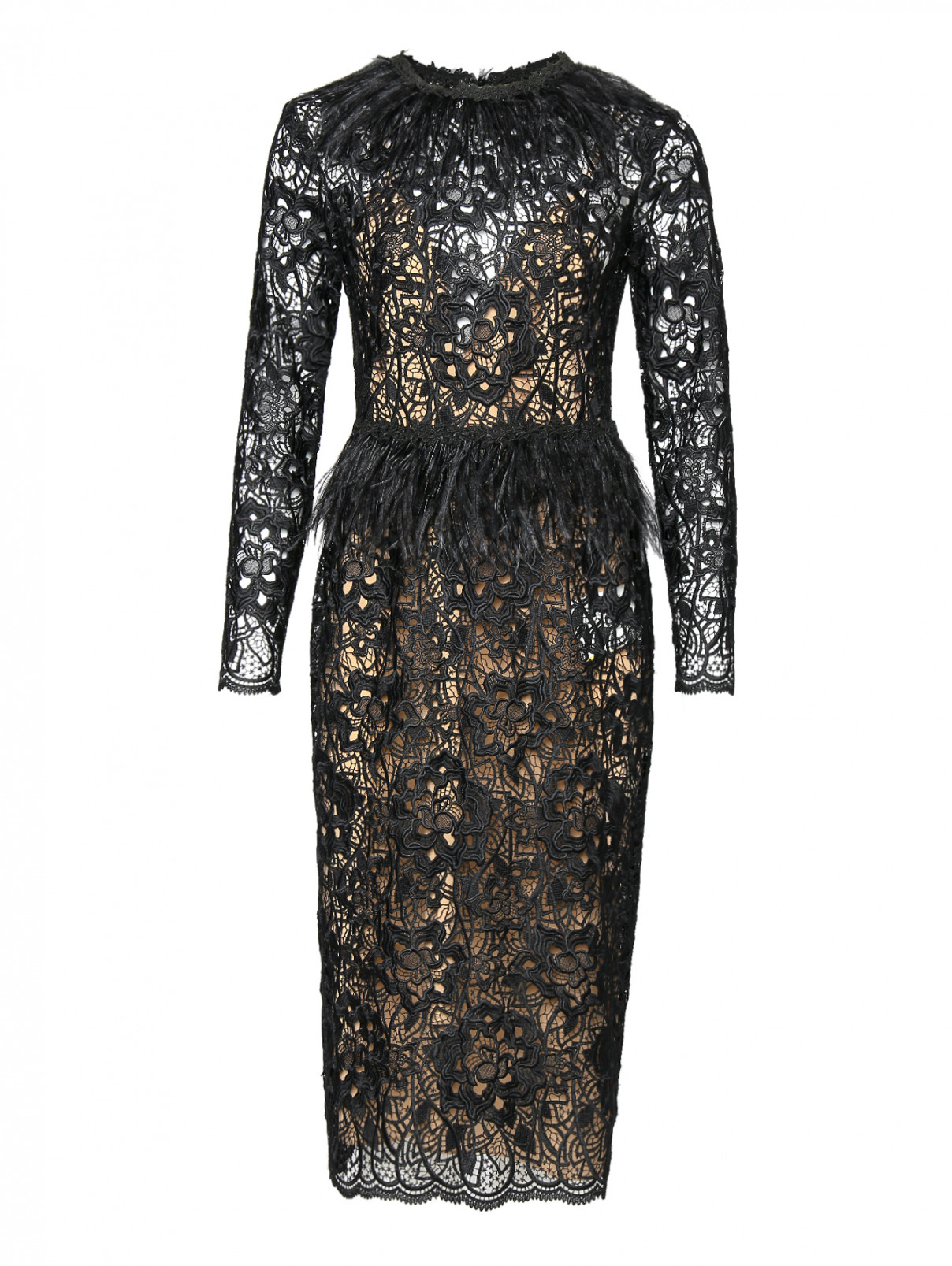 Платье из кружева декорированное перьями Zuhair Murad  –  Общий вид  – Цвет:  Черный