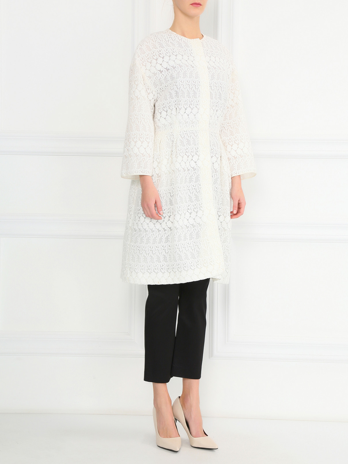 Легкое пальто из смешанного хлопка с вышивкой Giambattista Valli  –  Модель Общий вид  – Цвет:  Белый