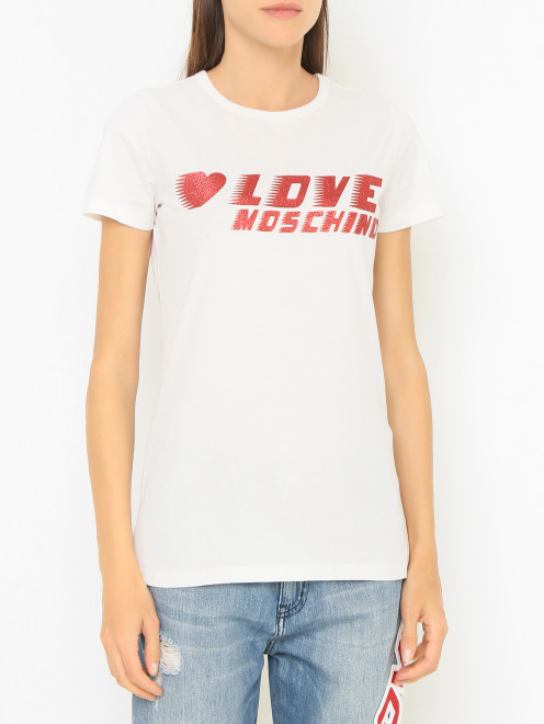 Хлопковая футболка с блестящим принтом Moschino Love - МодельВерхНиз