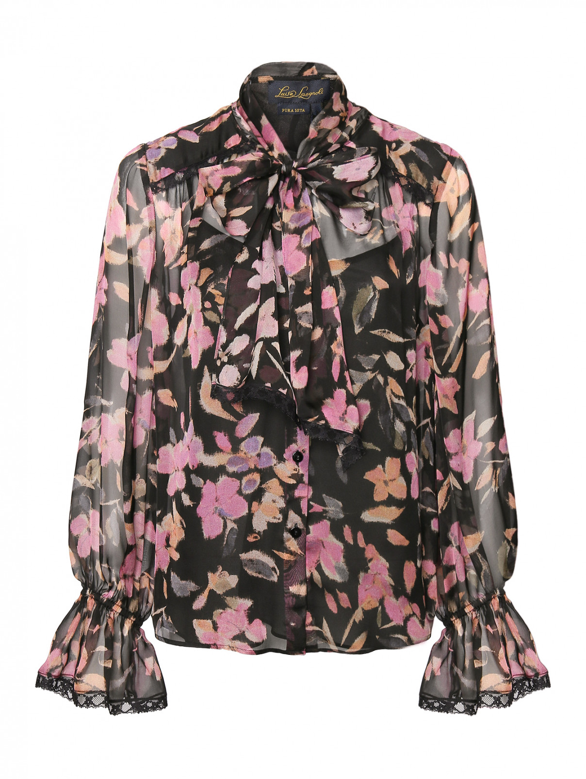 Блуза из шелка с бантом и кружевом Luisa Spagnoli  –  Общий вид  – Цвет:  Черный