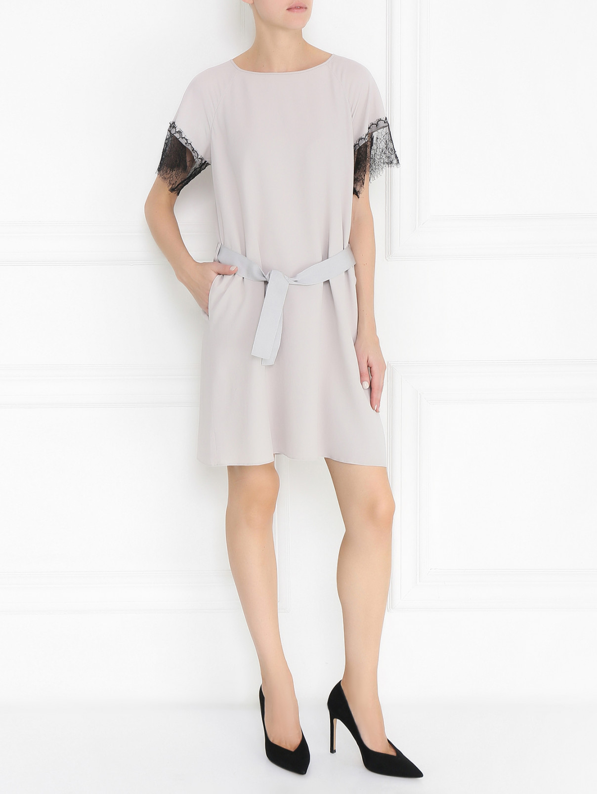 Платье свободного кроя с кружевной отделкой Emporio Armani  –  Модель Общий вид  – Цвет:  Серый
