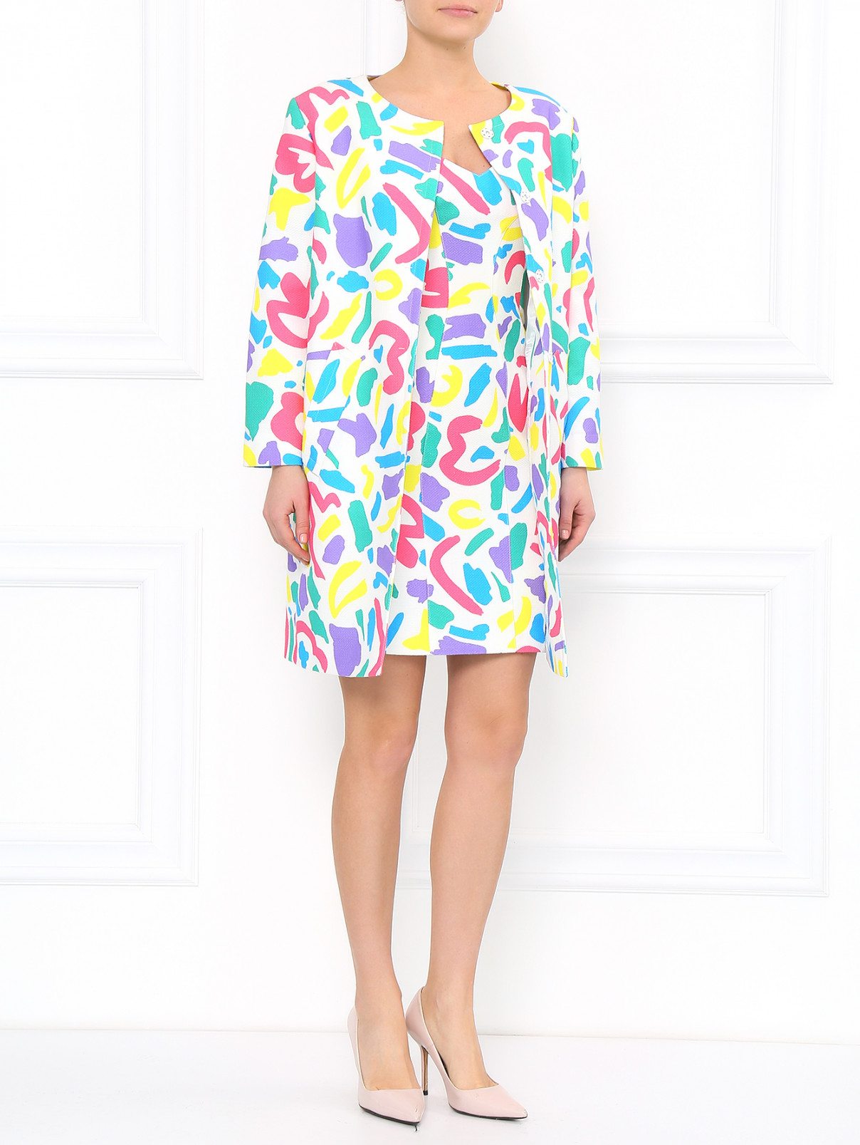 Платье из шелка с абстрактным принтом Moschino  –  Модель Общий вид  – Цвет:  Белый