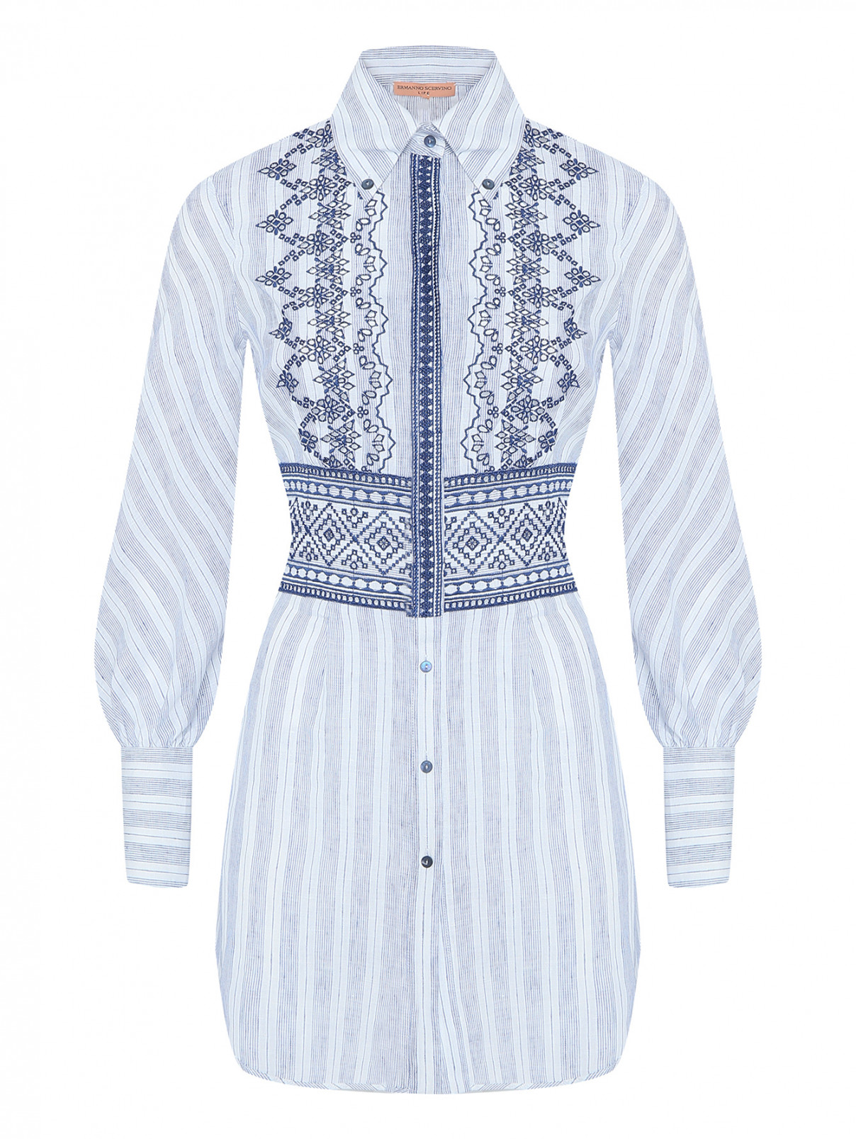 Платье-мини из льна декорированное вышивкой Ermanno Scervino  –  Общий вид  – Цвет:  Синий