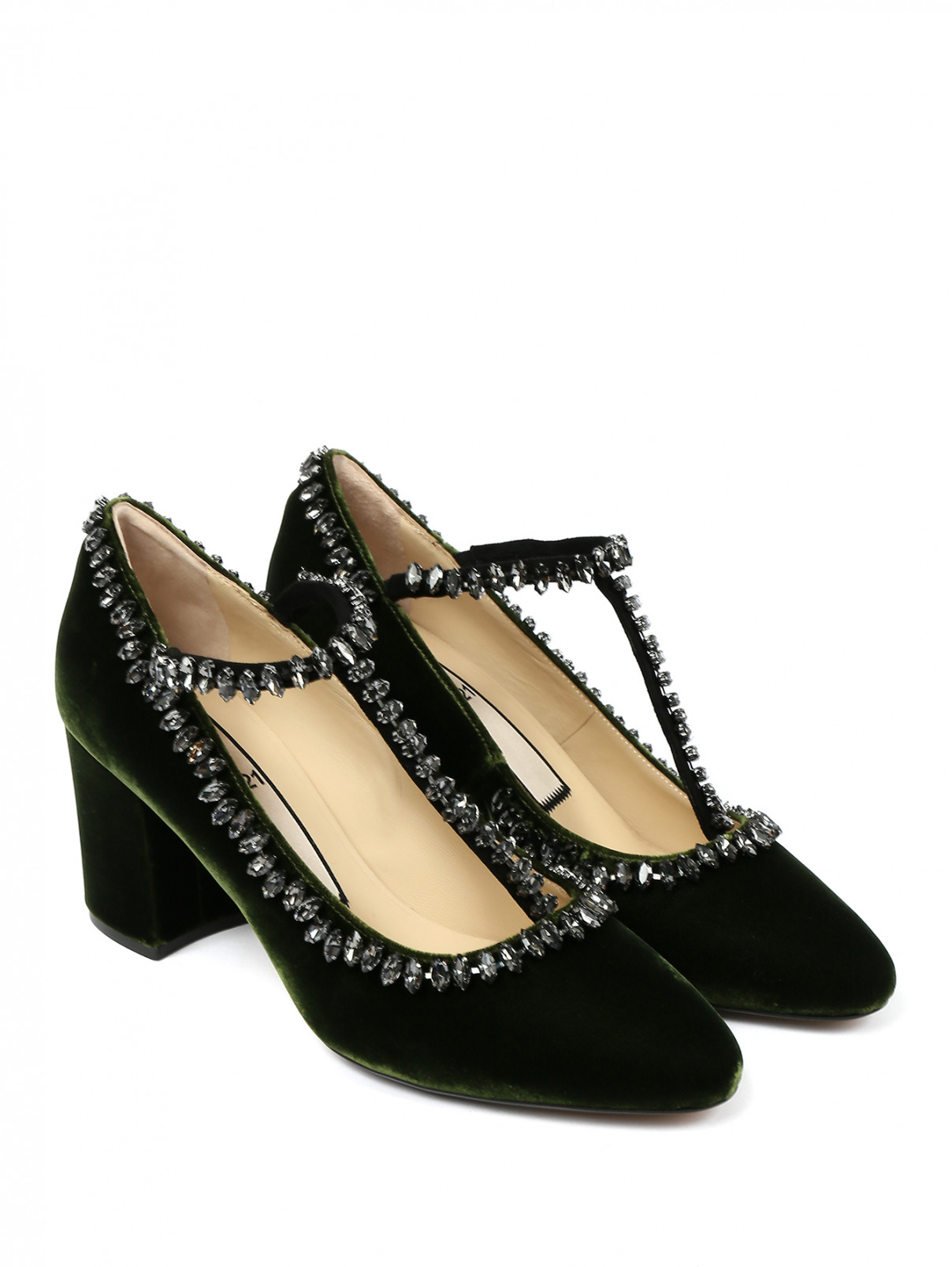 Бархатные туфли декорированные кристаллами N21  –  Общий вид  – Цвет:  Зеленый