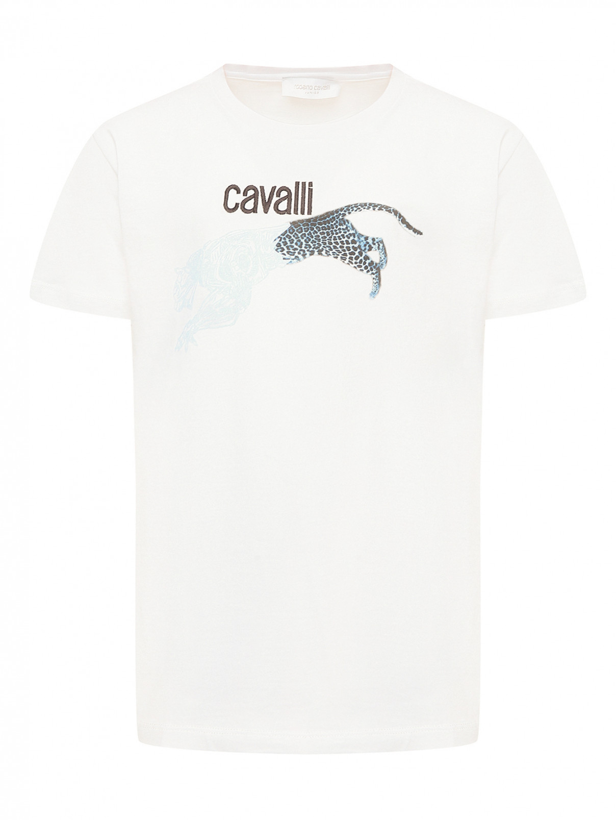 Футболка с принтом и вышивкой Roberto Cavalli  –  Общий вид  – Цвет:  Белый