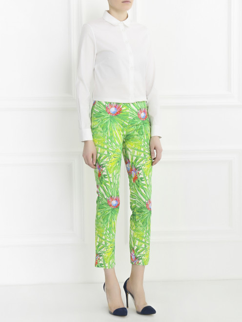 Укороченные брюки из хлопка с цветочным узором - Общий вид
