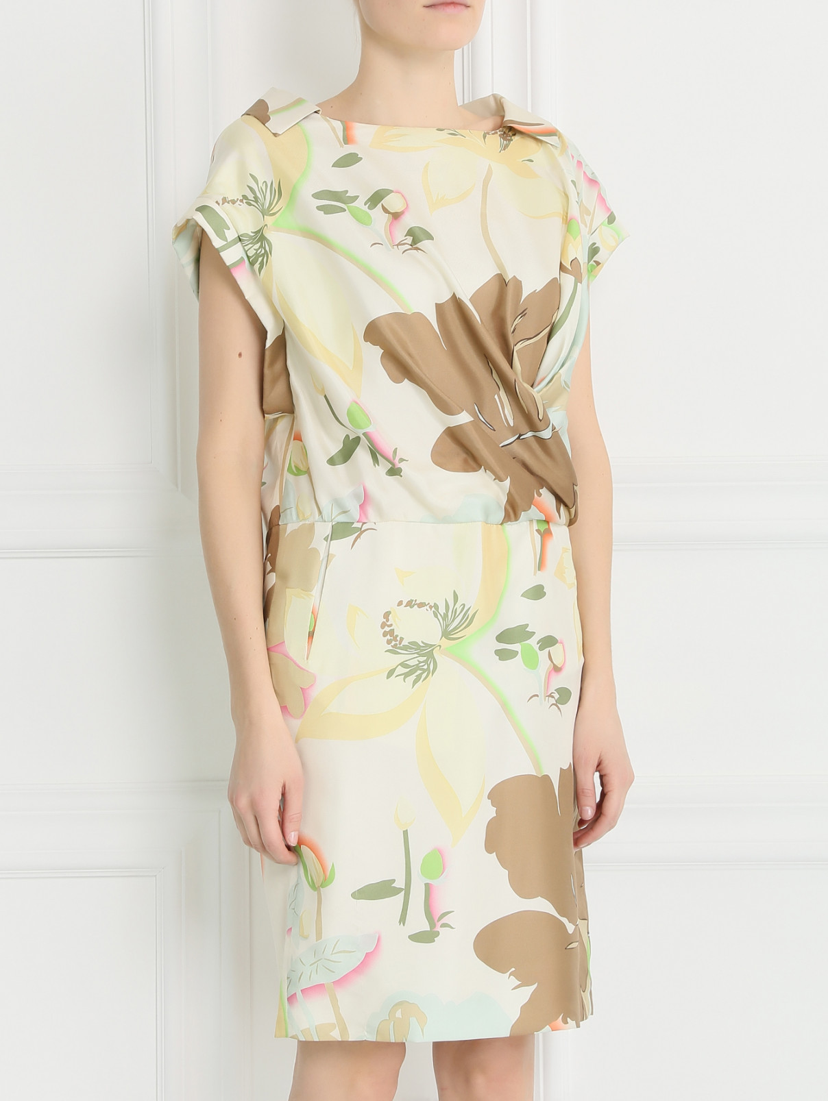 Платье из шелка  запахом и цветочным узором Maurizio Pecoraro  –  Модель Верх-Низ  – Цвет:  Зеленый