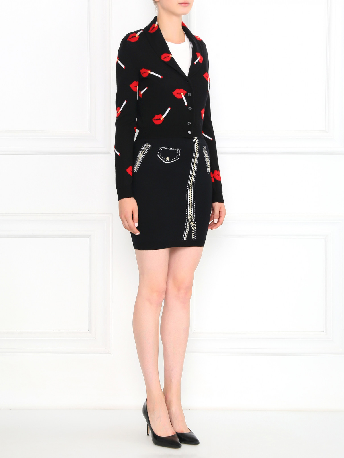 Укороченный кардиган из шерсти с узором Moschino Couture  –  Модель Общий вид  – Цвет:  Черный