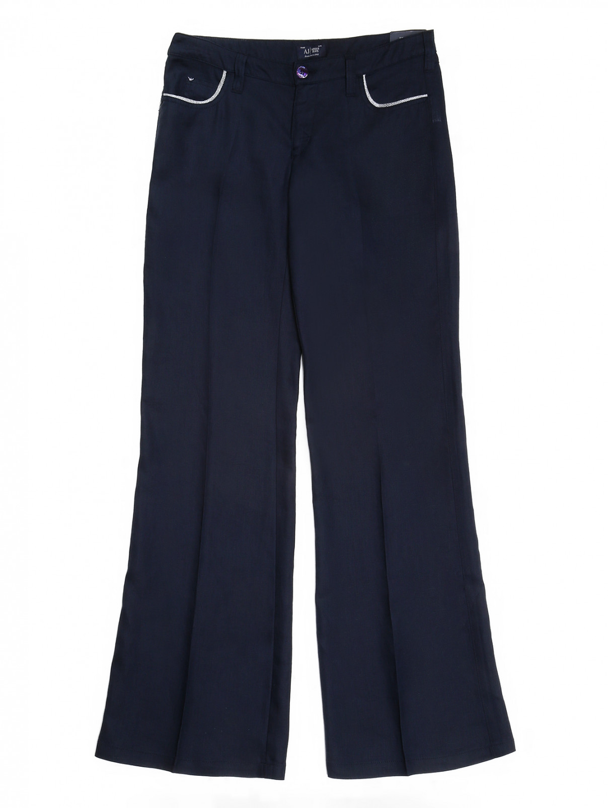 Льняные брюки-трубы с контрастной отделкой карманов Armani Jeans  –  Общий вид  – Цвет:  Синий
