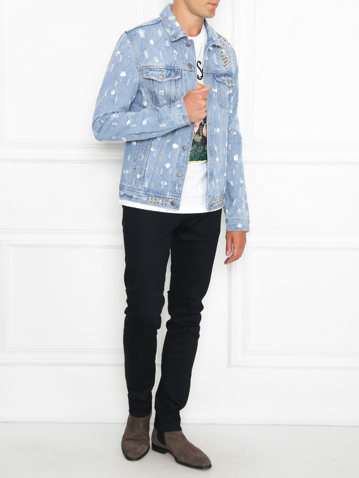 Джинсовая куртка из хлопка с металлическими аппликациями Domrebel  –  МодельОбщийВид  – Цвет:  Синий