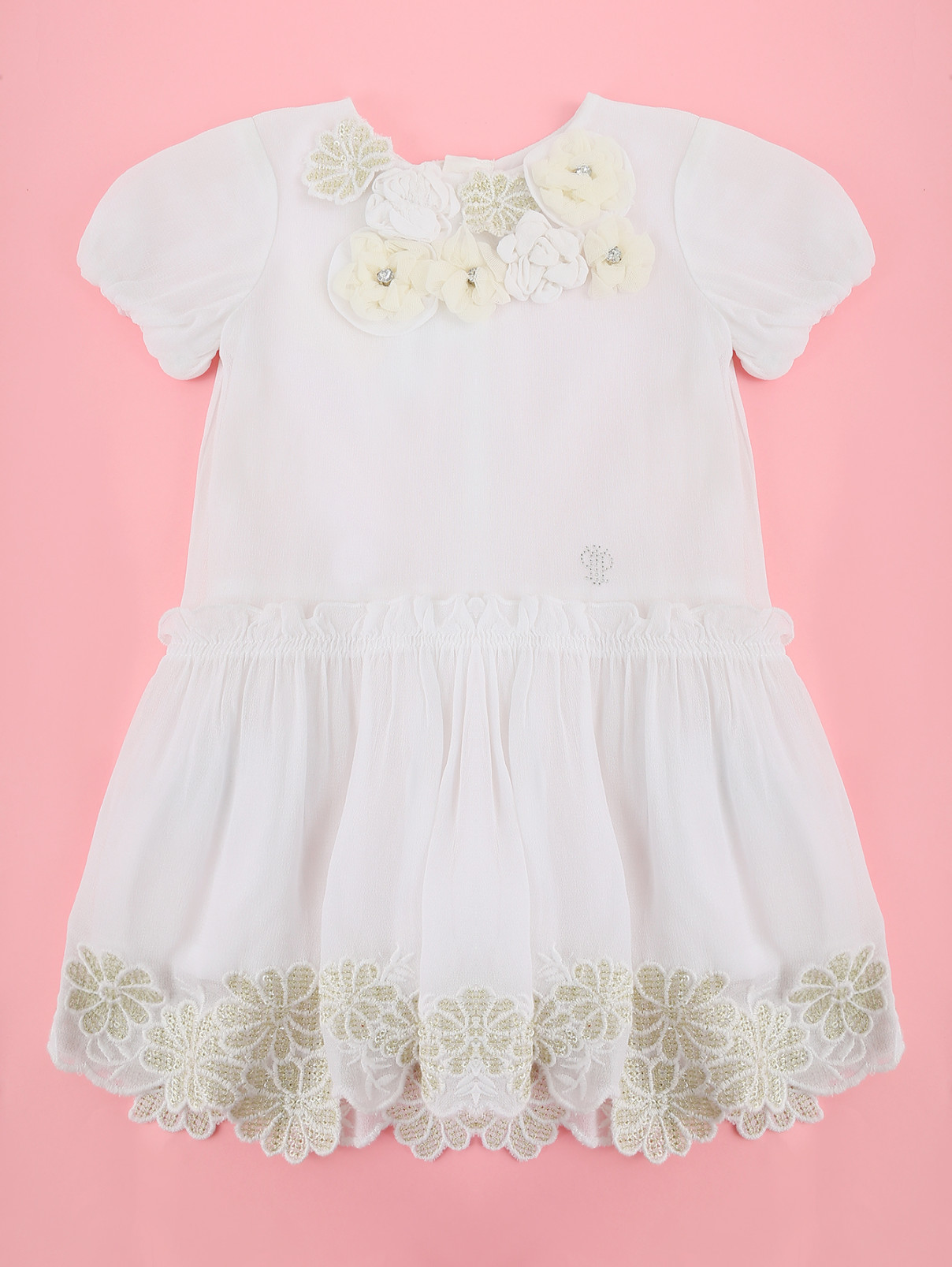 Платье с ажурной вышивкой и текстильными цветами I Pinco Pallino  –  Общий вид  – Цвет:  Белый