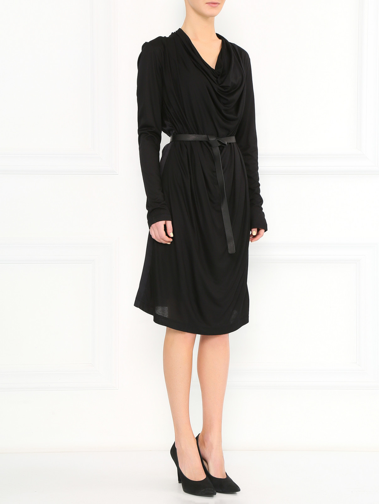 Платье свободного кроя с поясом из кожи Strenesse  –  Модель Общий вид  – Цвет:  Черный