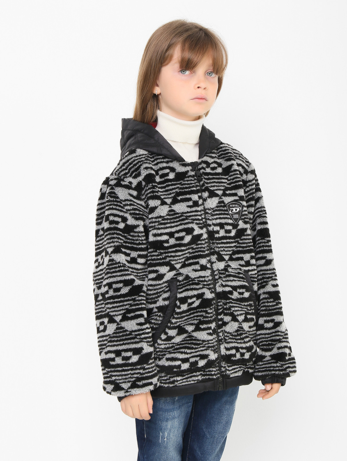 Комбинированная куртка на молнии с узором Diesel  –  МодельВерхНиз  – Цвет:  Черный