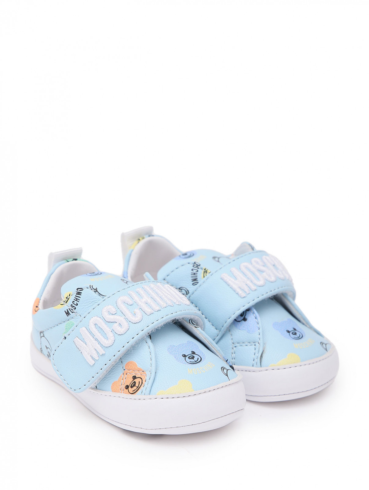 Кожаные пинетки на липучке Moschino  –  Общий вид  – Цвет:  Синий