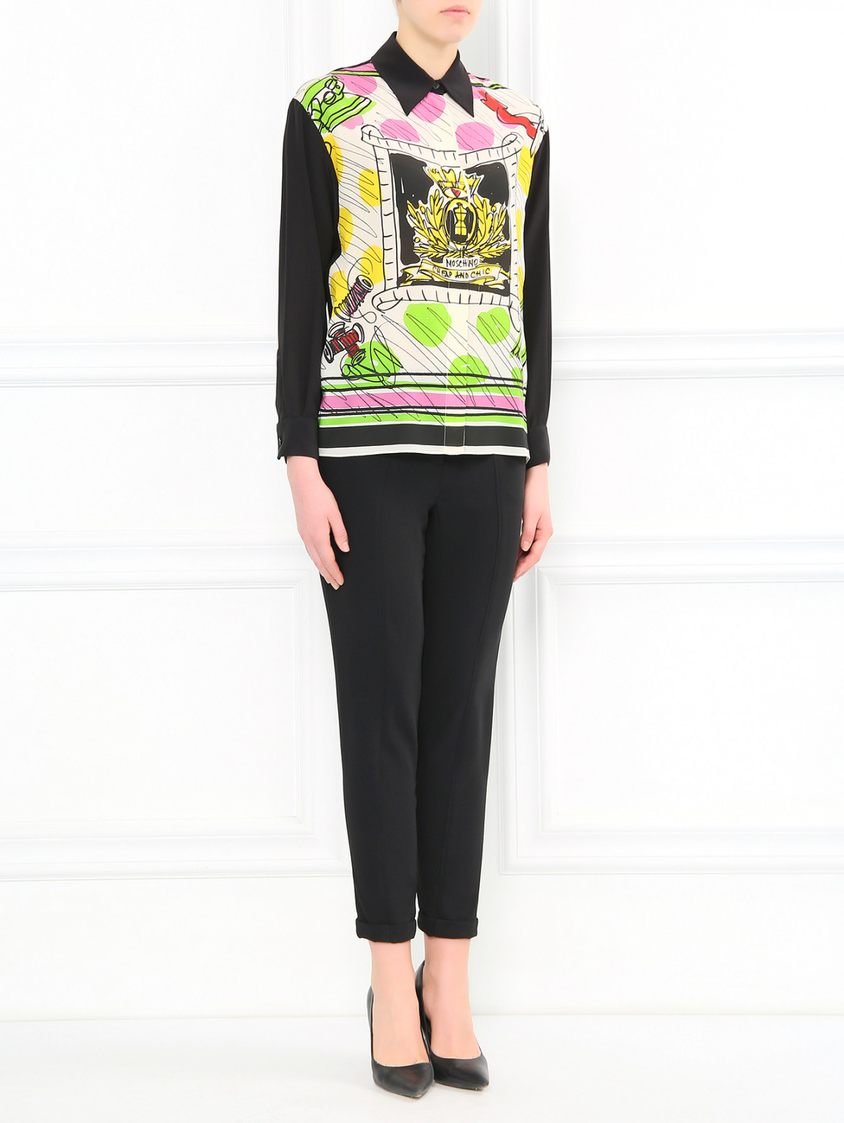Блуза из шелка с узором Moschino  –  Модель Общий вид  – Цвет:  Черный