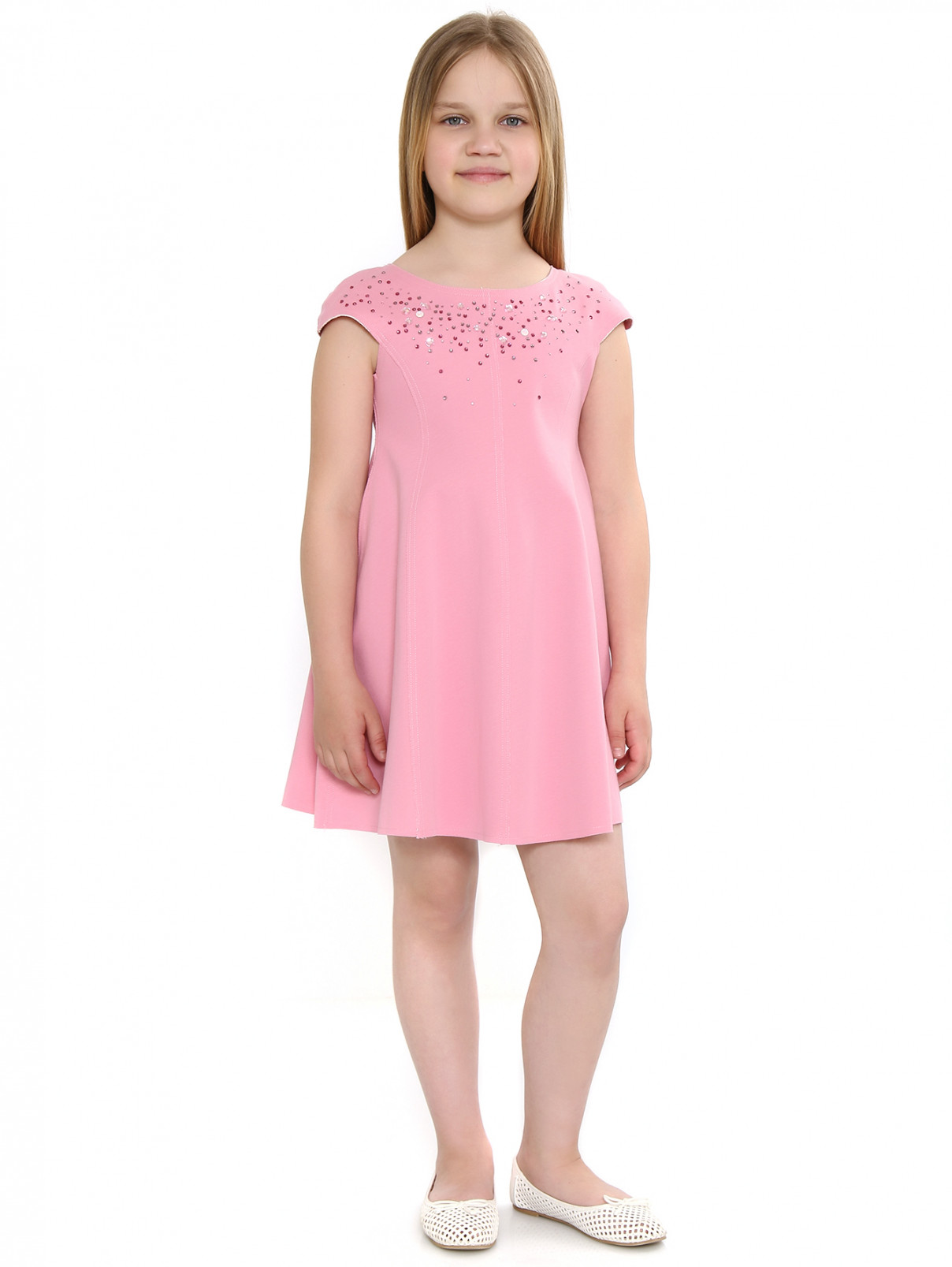 Платье из хлопка с отделкой кристаллами MiMiSol  –  Модель Общий вид  – Цвет:  Розовый