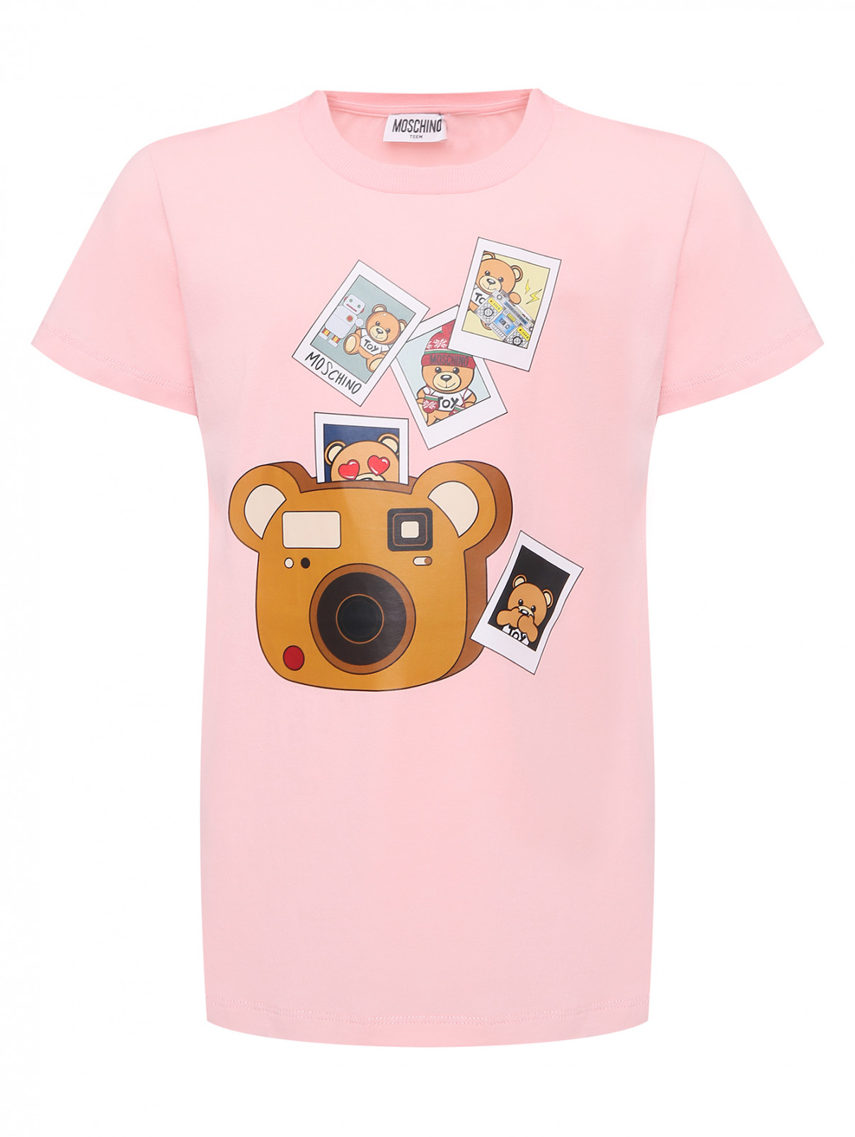 Трикотажная футболка с принтом Moschino  –  Общий вид  – Цвет:  Розовый
