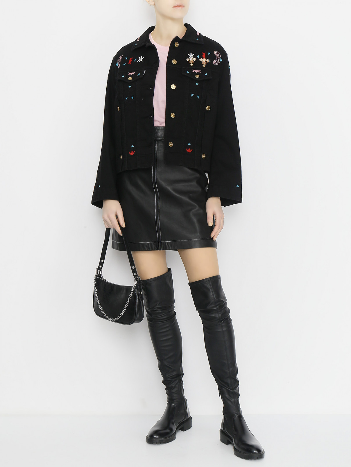 Куртка из денима с вышивкой Ermanno Scervino  –  МодельОбщийВид  – Цвет:  Черный