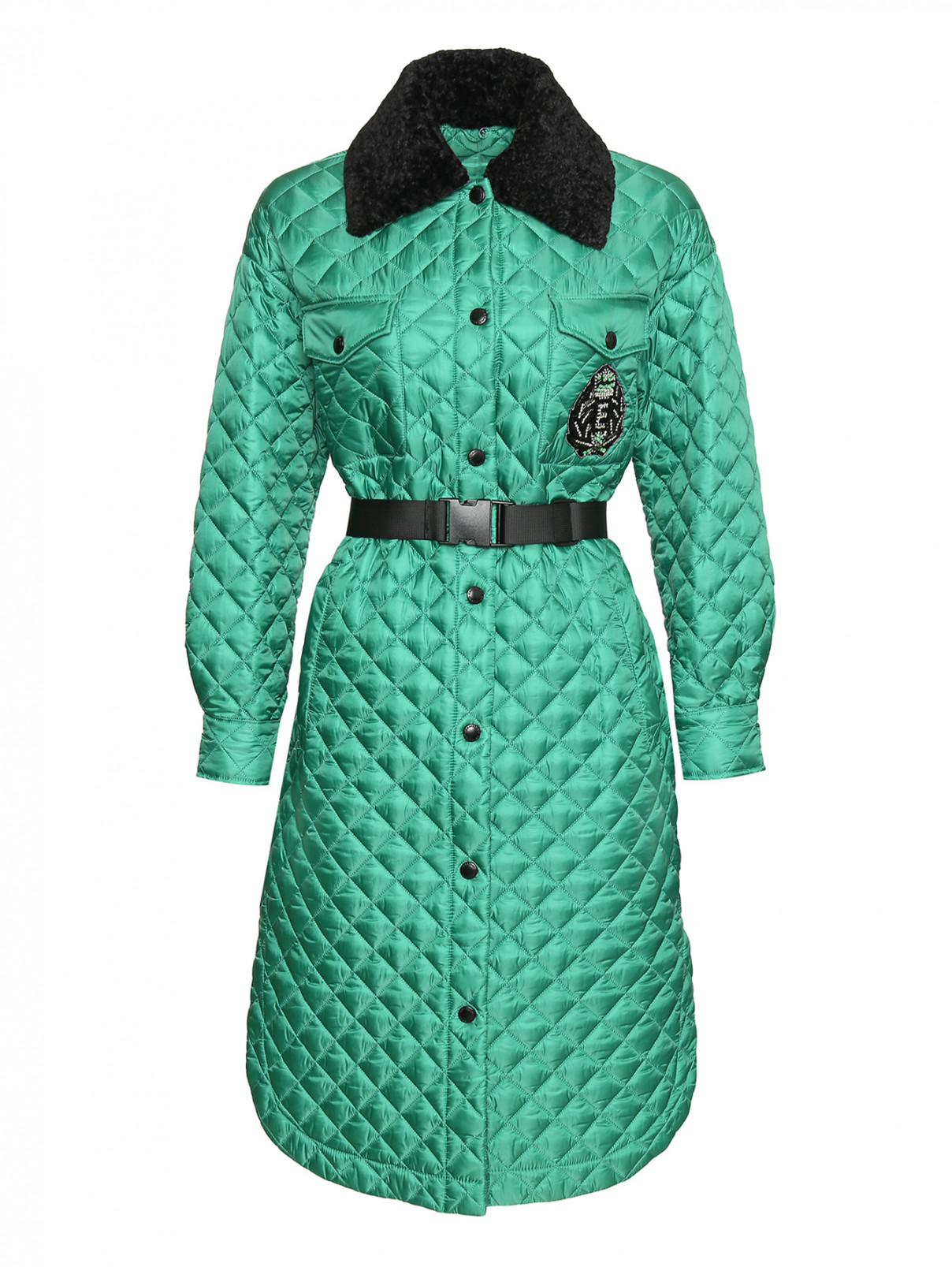 Стеганая куртка с вышивкой и ремнем Ermanno Firenze  –  Общий вид  – Цвет:  Зеленый