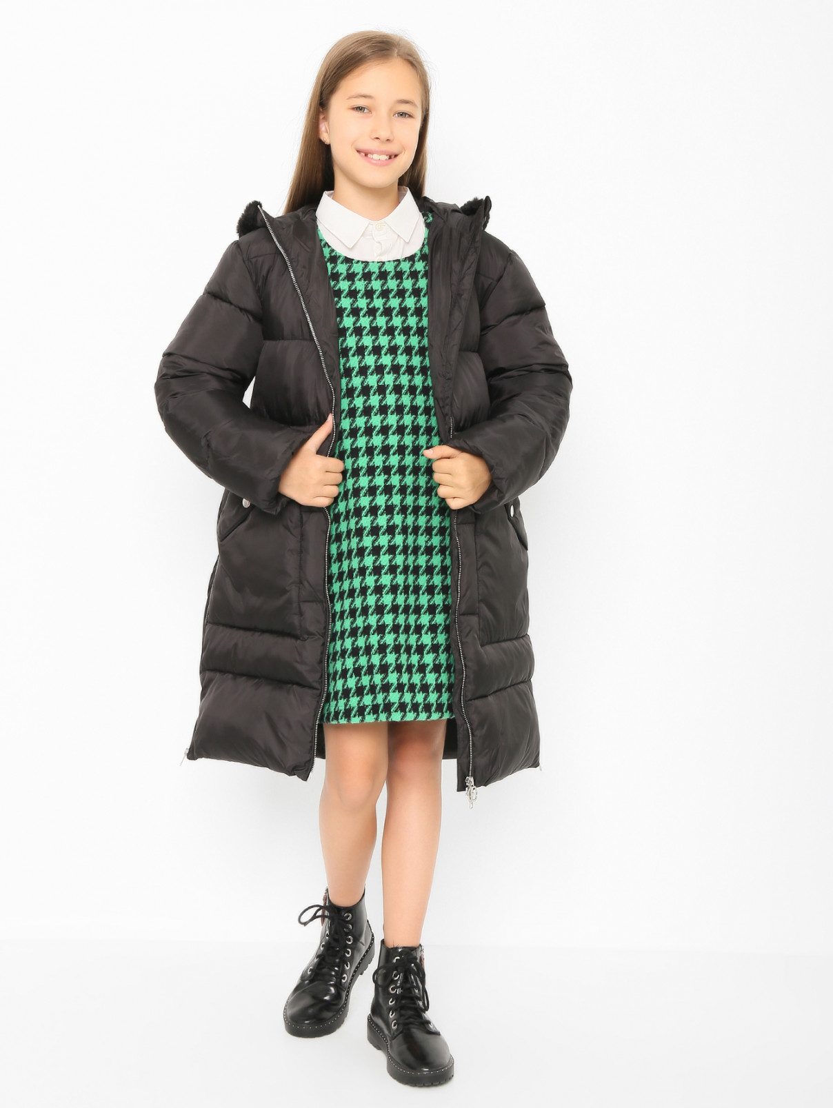 Стеганое пальто с капюшоном Ermanno Scervino Junior  –  МодельОбщийВид  – Цвет:  Черный