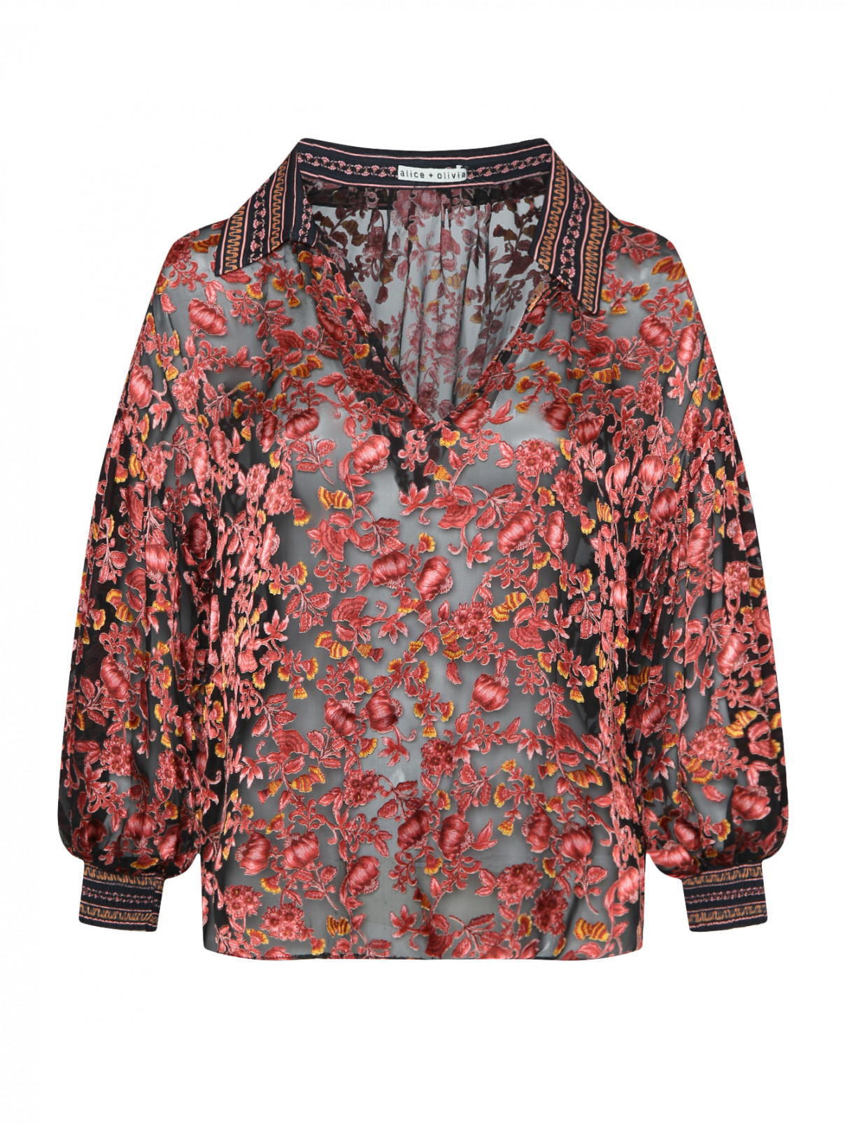 Блуза из смесового шелка с набивным цветочным узором Alice+Olivia  –  Общий вид  – Цвет:  Красный