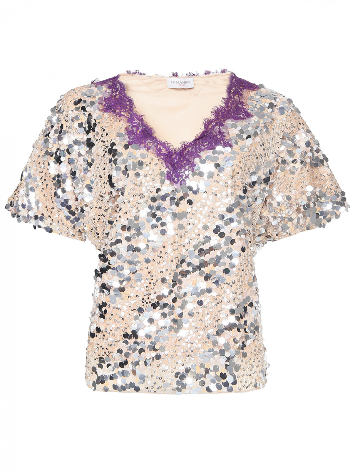 Блуза декорированная пайетками Ermanno Firenze  –  Общий вид  – Цвет:  Бежевый