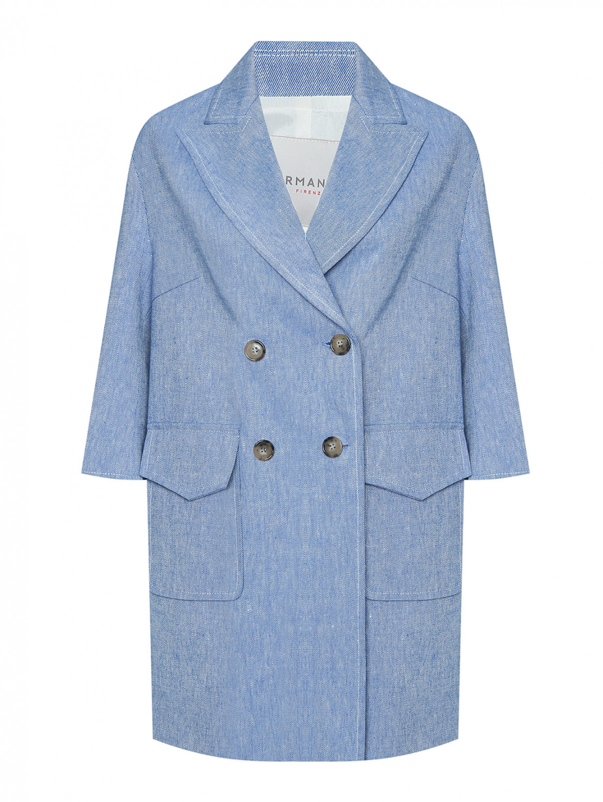 Двубортное пальто из льна Ermanno Firenze  –  Общий вид  – Цвет:  Синий