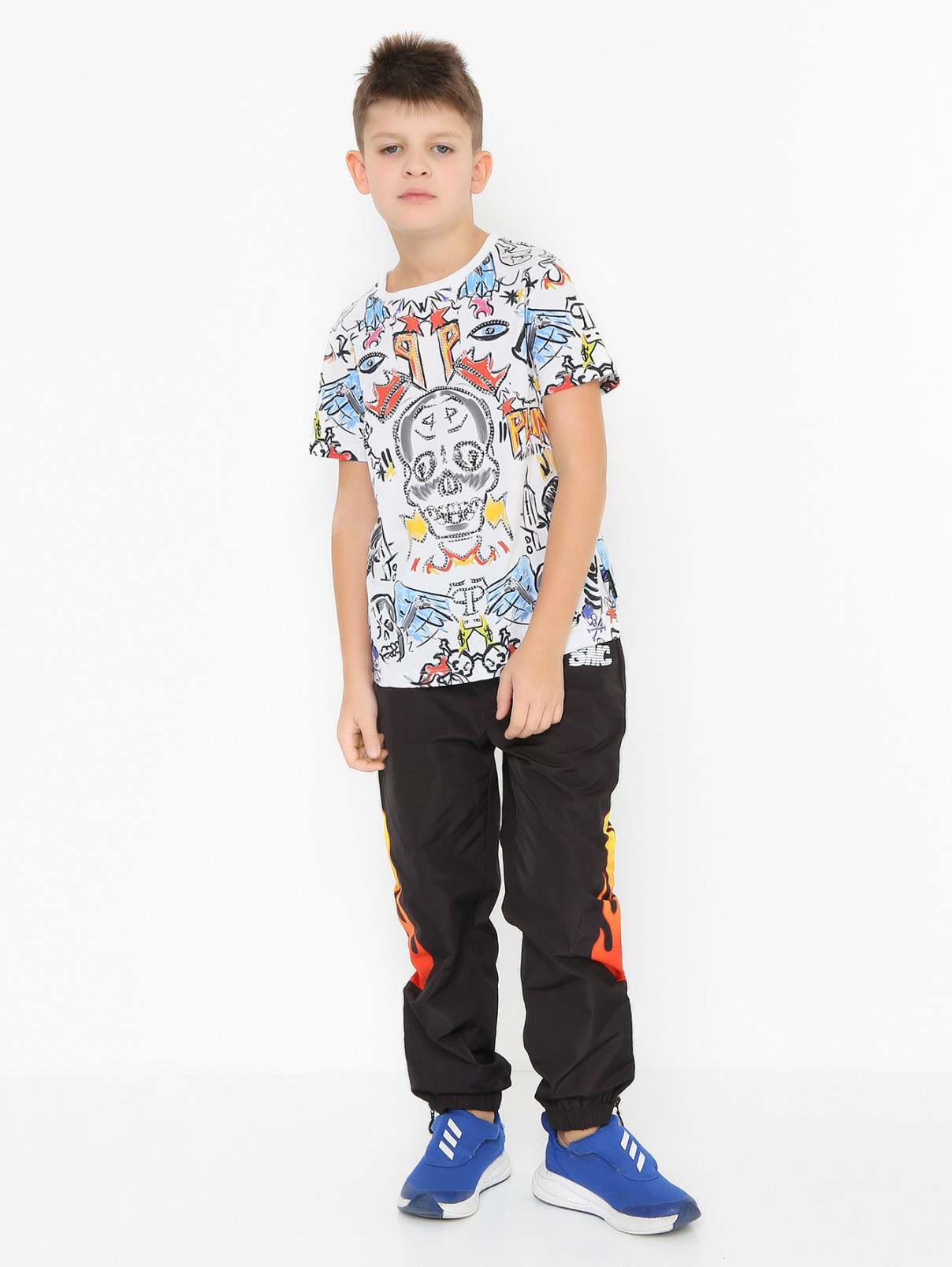 Хлопковая футболка с принтом и стразами Philipp Plein  –  МодельОбщийВид  – Цвет:  Мультиколор