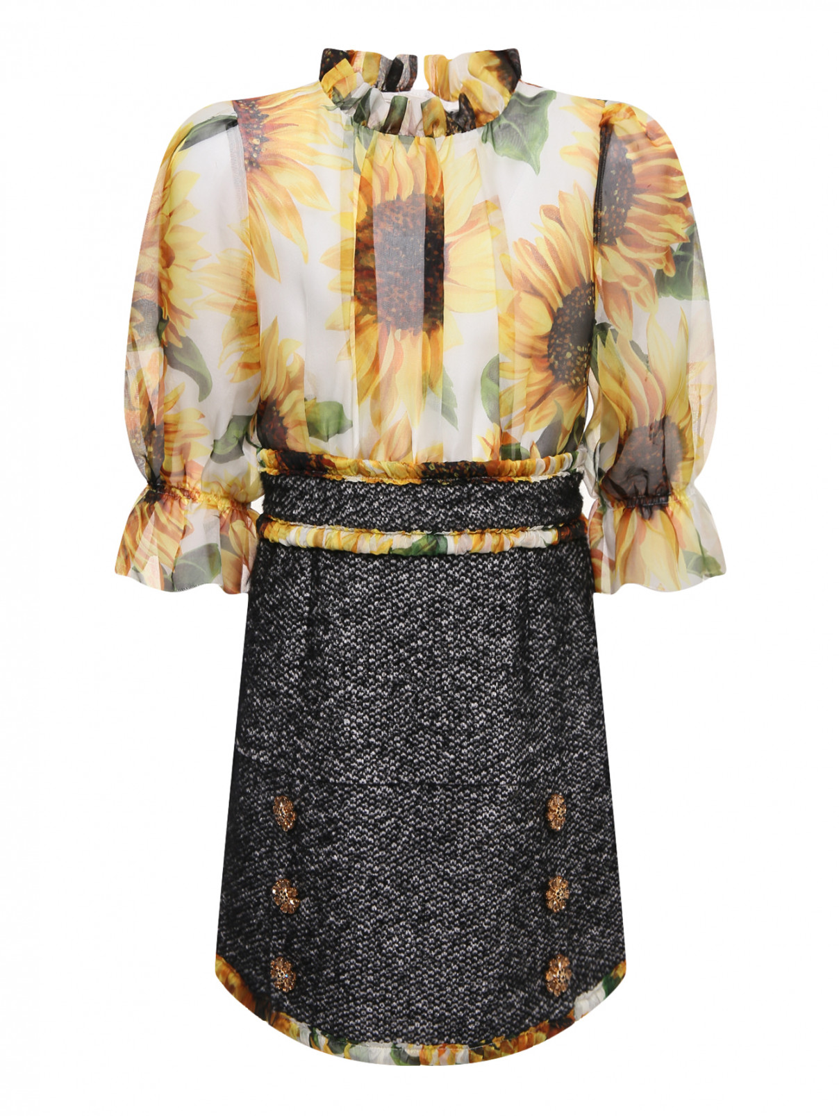 Платье шелковое с твидовой юбкой Dolce & Gabbana  –  Общий вид  – Цвет:  Мультиколор