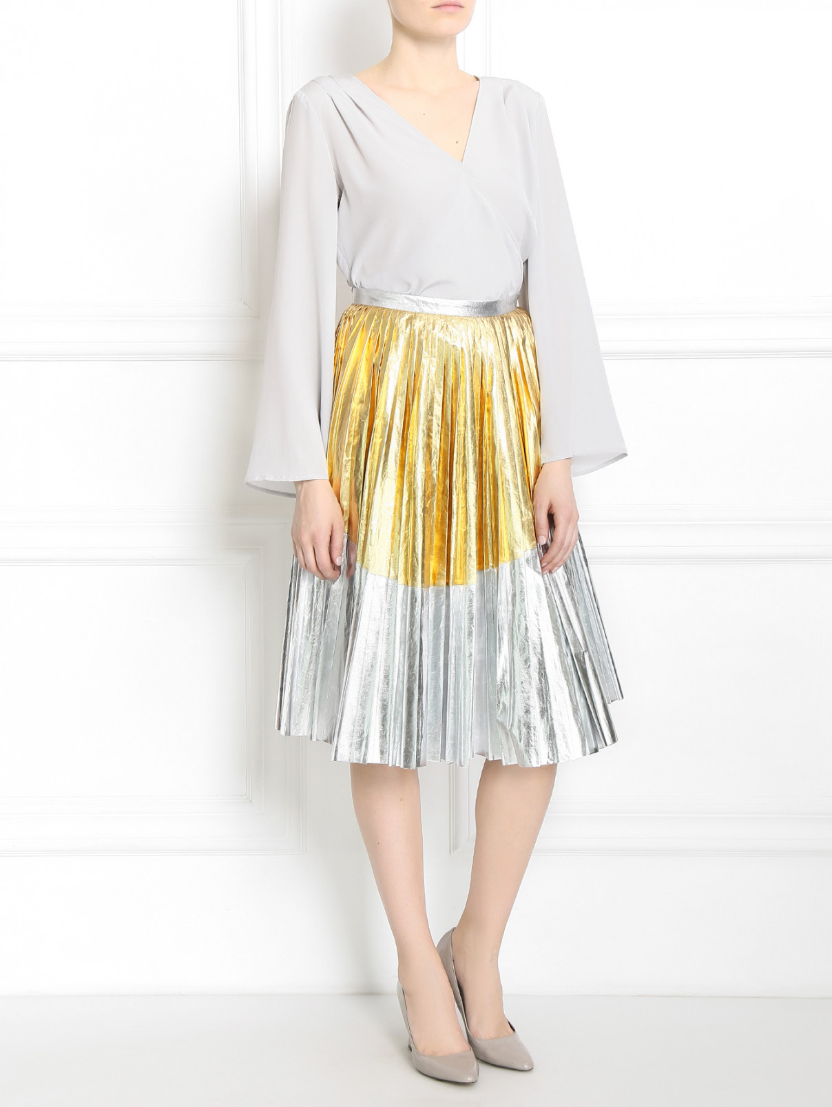 Плиссированная юбка-миди из хлопка N21  –  Модель Общий вид  – Цвет:  Серый