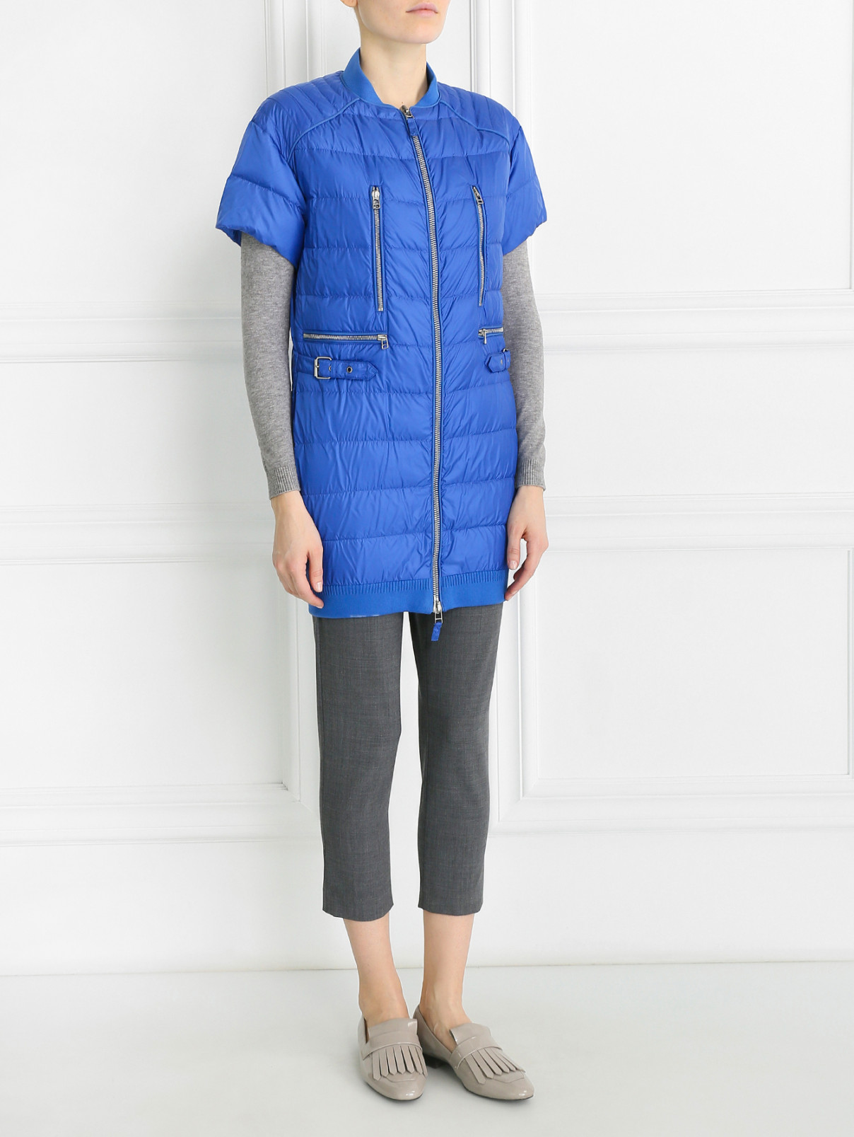 Удлиненная куртка на молнии с короткими рукавами Ermanno Scervino  –  Модель Общий вид  – Цвет:  Синий