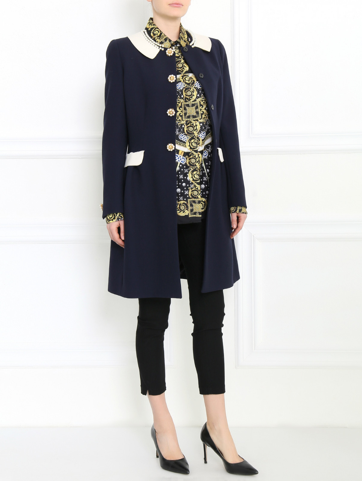 Пальто из шерсти и хлопка с декоративной отделкой Moschino  –  Модель Общий вид  – Цвет:  Синий