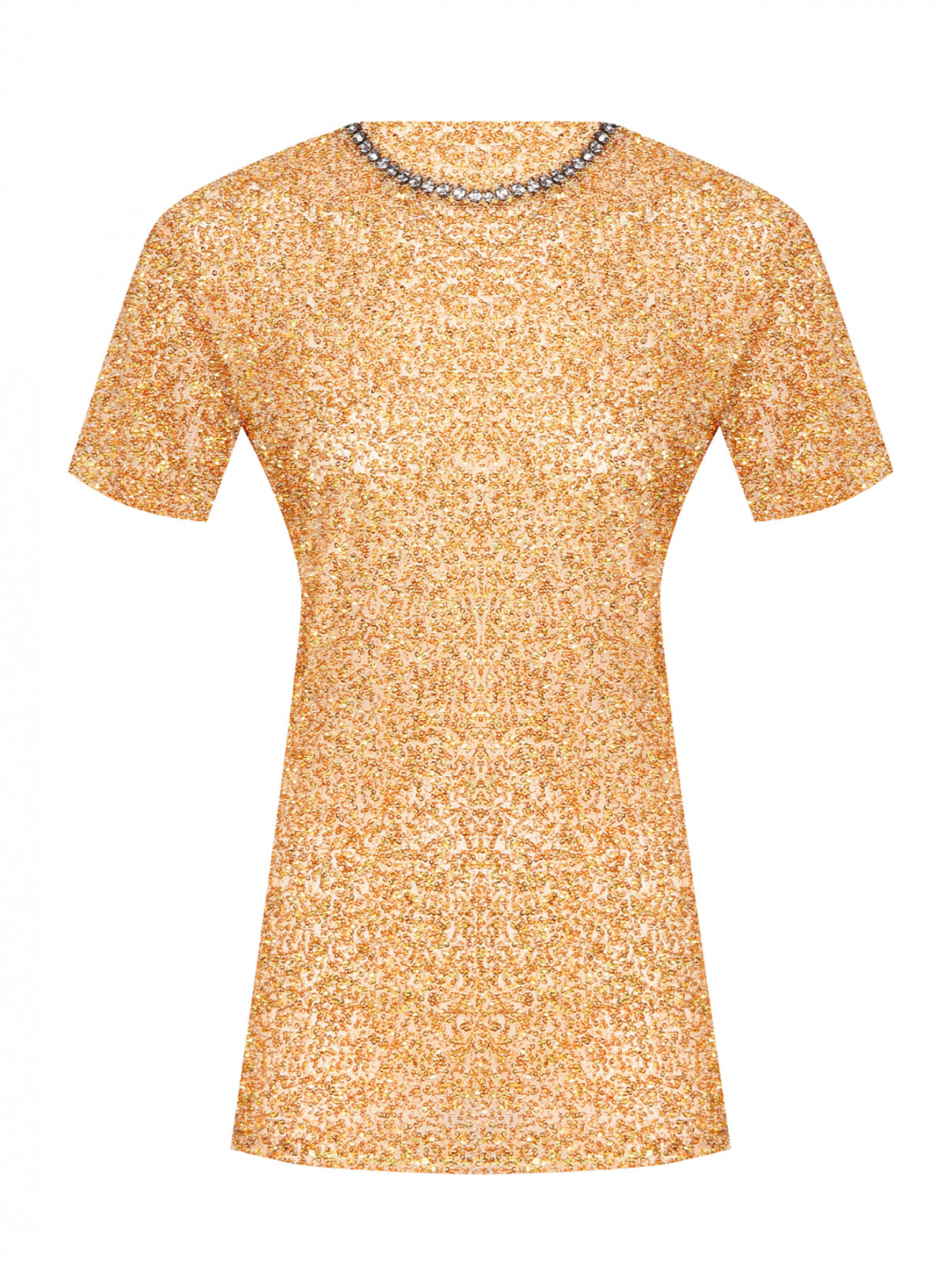 Блуза в пайетках с коротким рукавом, декорированная кристаллами N21  –  Общий вид  – Цвет:  Золотой