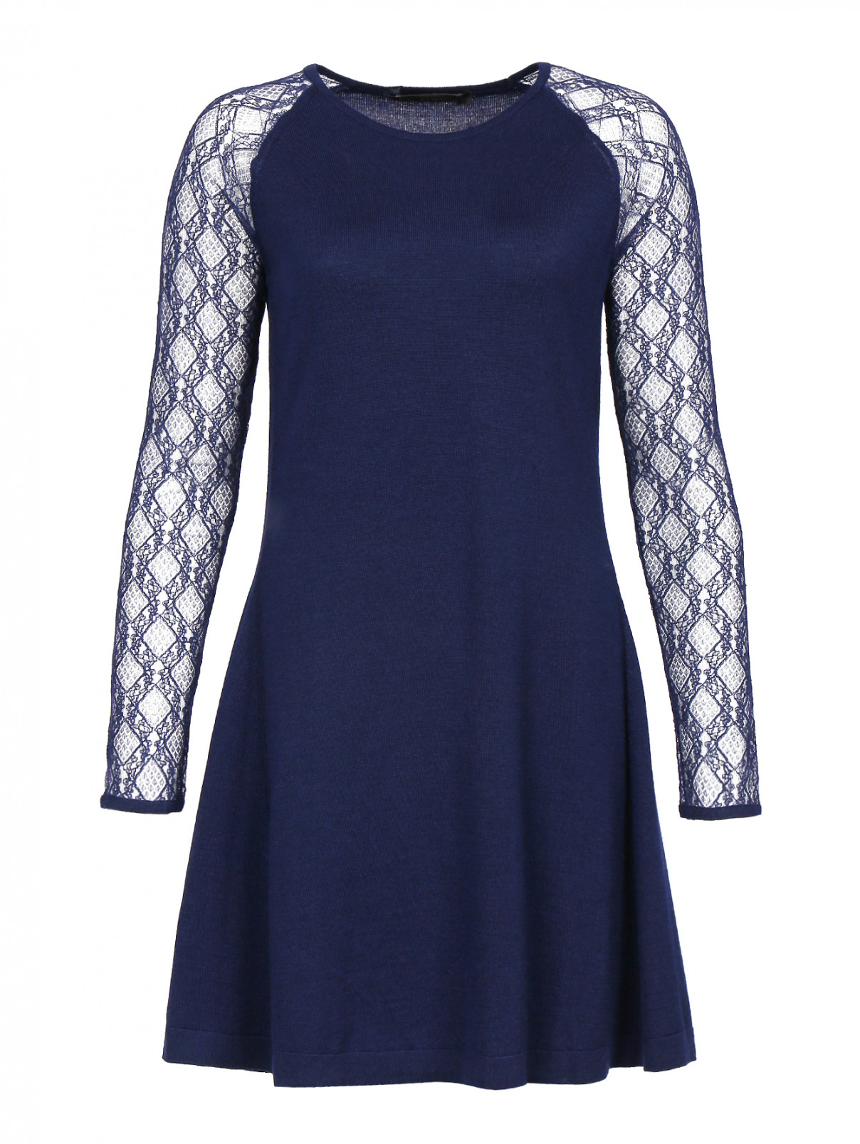 Трикотажное платье из шерсти, шелка и кашемира с рукавами из кружева Versace 1969  –  Общий вид  – Цвет:  Синий