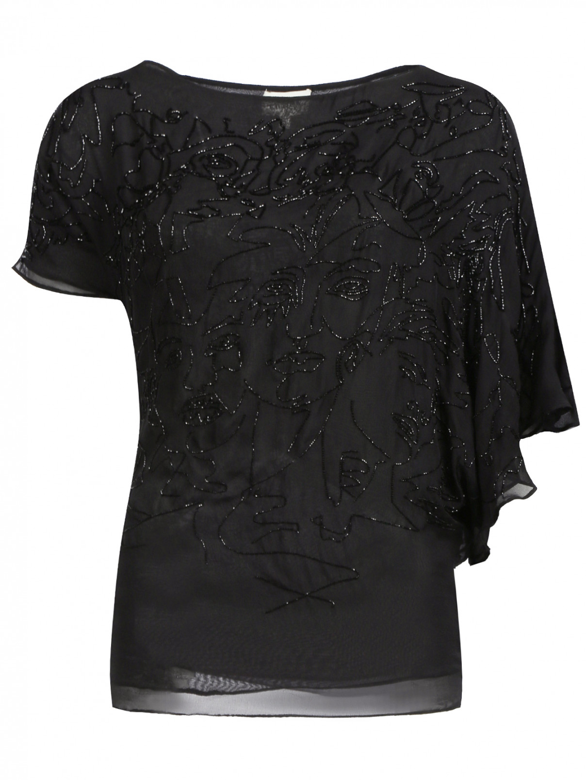 Блуза из шелка асимметричного кроя декорированная бисером Jean Paul Gaultier  –  Общий вид  – Цвет:  Черный