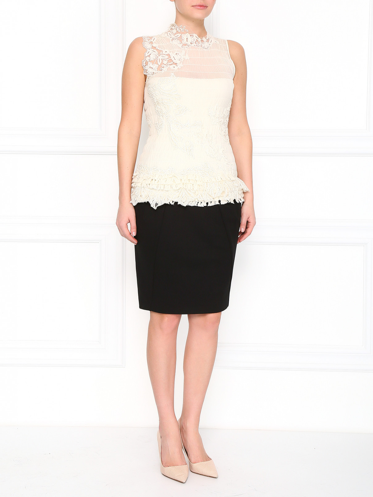 Блуза из кашемира и шелка, декорированная кружевом Ermanno Scervino  –  Модель Общий вид  – Цвет:  Белый