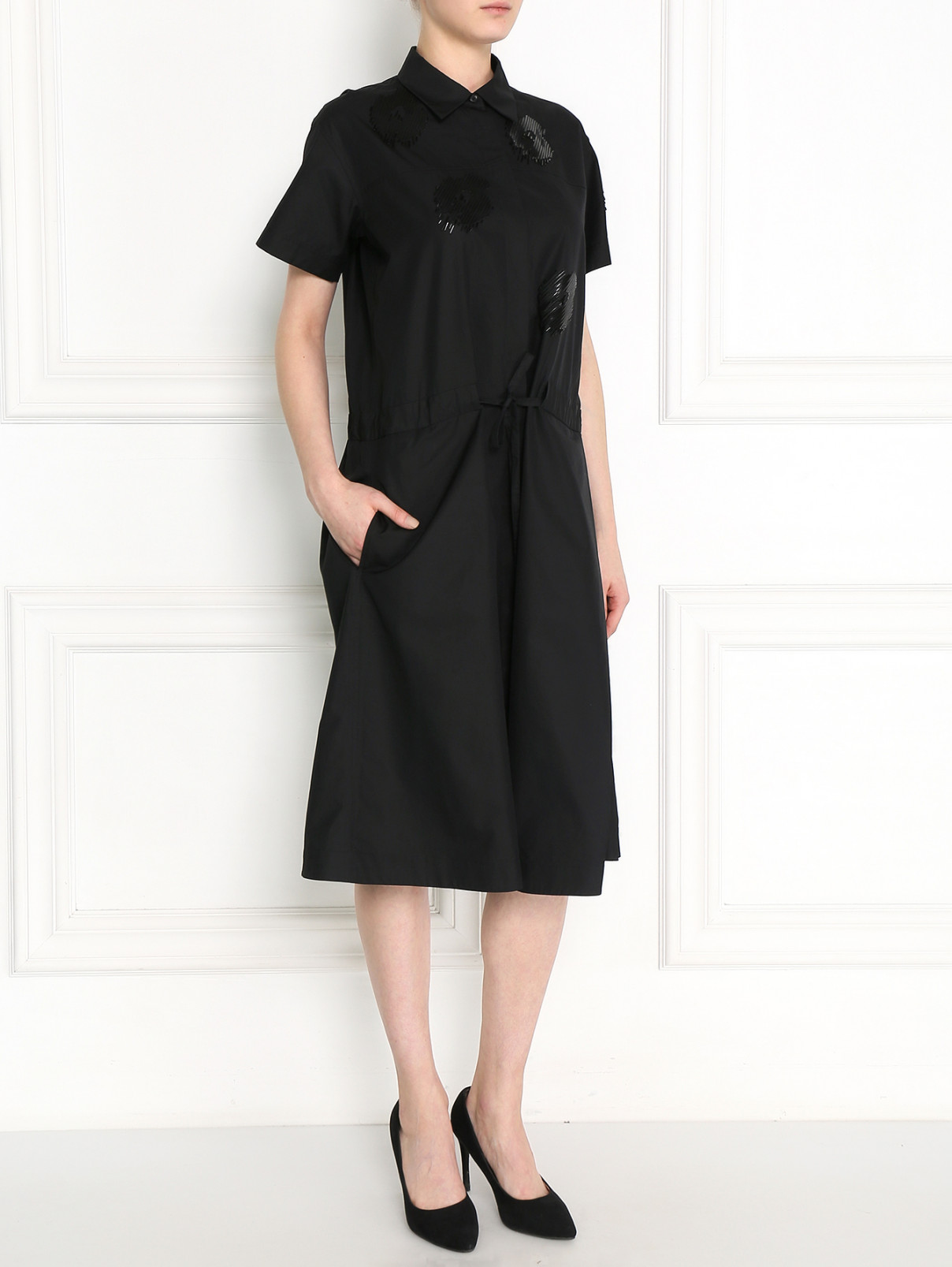 Платье-рубашка из хлопка с аппликацией Jil Sander  –  Модель Общий вид  – Цвет:  Черный