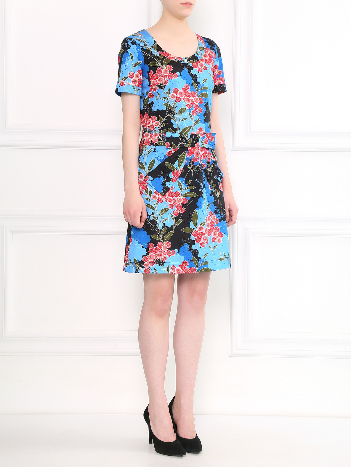 Платье-мини из хлопка  с цветочным узором Love Moschino  –  Модель Общий вид  – Цвет:  Синий