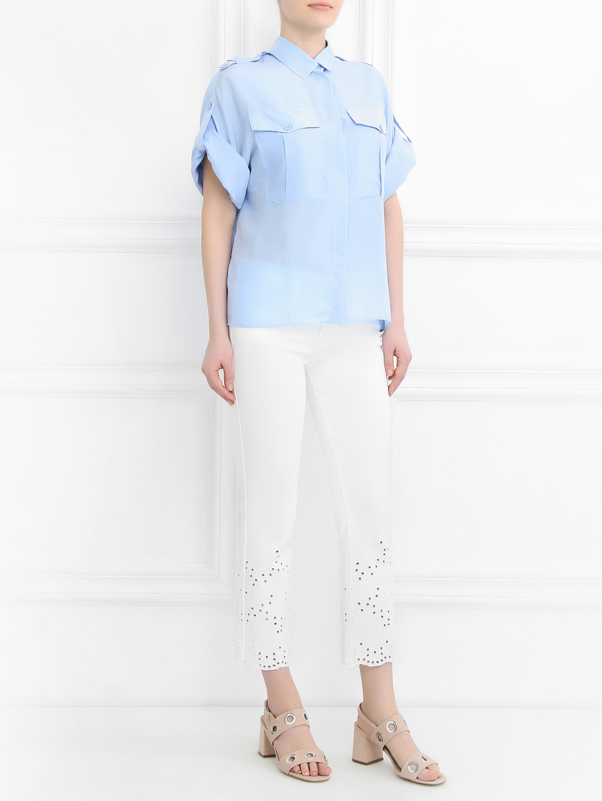 Блуза из шелка свободного кроя с накладными карманами Tara Jarmon  –  Модель Общий вид  – Цвет:  Синий