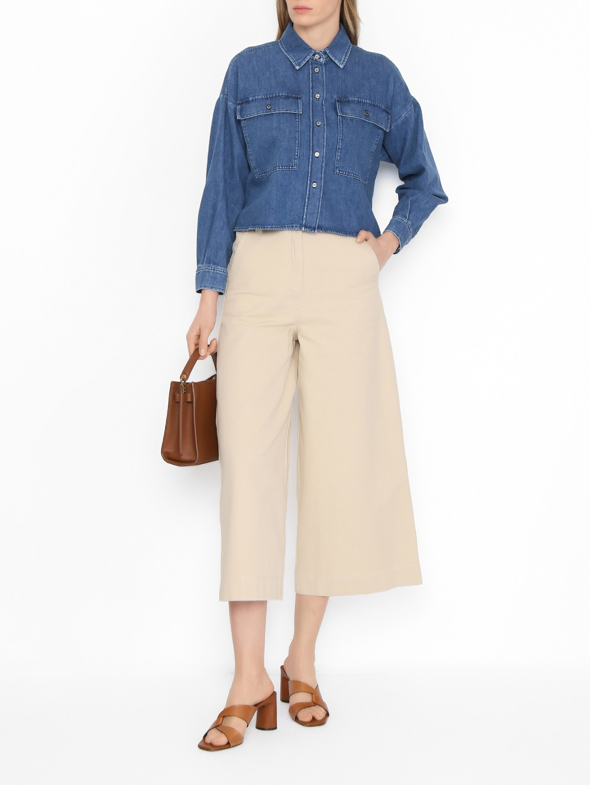 Укороченная рубашка из денима Weekend Max Mara  –  МодельОбщийВид  – Цвет:  Синий